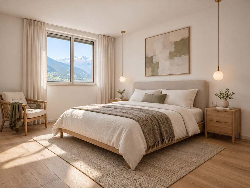 Visualisierung eines Schlafzimmers mit Fenster und Blick in die Berge